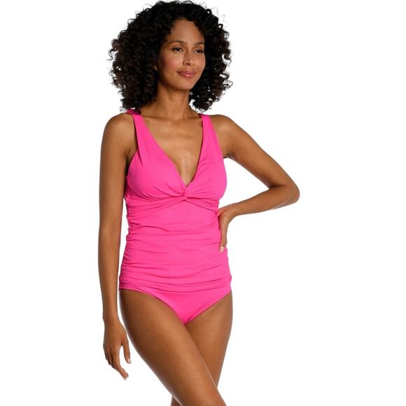 NWT! La Blanca Island Goddess Twist Tie Back Tankini Top in Pop Pink - Size 8 - Picture 2 of 8